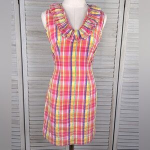 JUST MADRAS 100% Cotton Sundress Ruffle Neck Multi Plaid-0
